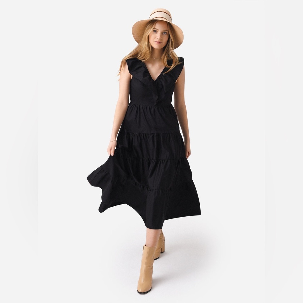 Xirena Tatiana Cotton Poplin Dress Small Black Sleeveless Tiered‎ Midi Ruffle